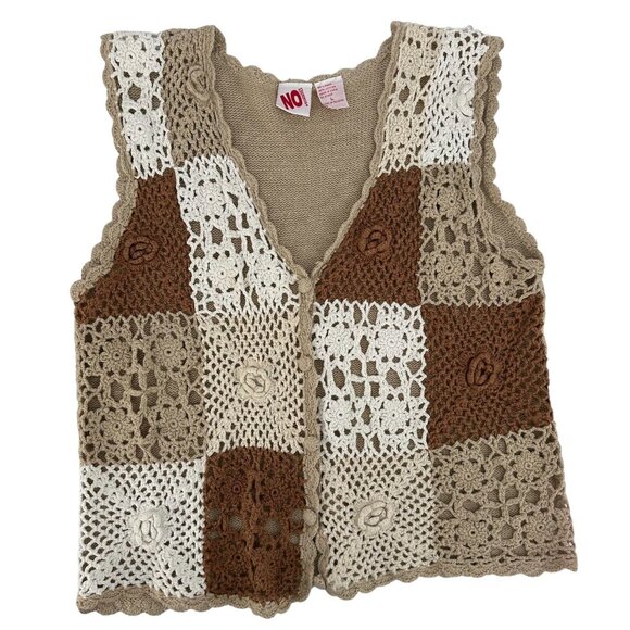 Vtg No Boundaries Size Large Neutral Crocheted Vest Sleeveless Rose Color Block - Picture 1 of 10